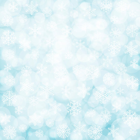 Abstract beautiful blurred bokeh background with snowflakes on blue background. Vector illustration for Christmas and New Year design. EPS10のイラスト素材