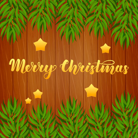 Merry Christmas lettering on wooden background with fir branches. Vector illustrations for greeting cards, invitations, posters and other itemsのイラスト素材