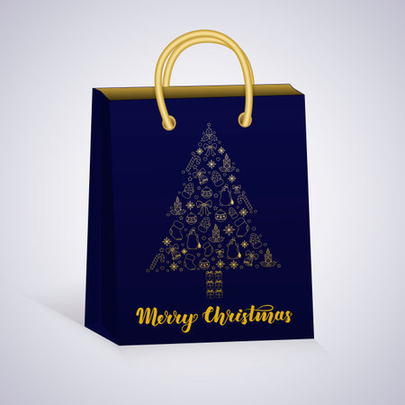 Dark blue Christmas gift bag with golden Christmas tree. Vector illustration. EPS 10のイラスト素材