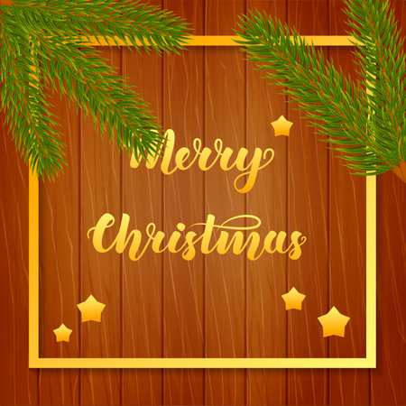 Merry Christmas lettering on wooden background with fir branches. Vector illustrations for greeting cards, invitations, posters and other itemsのイラスト素材