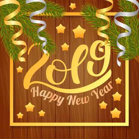 2019 Happy New Year. Lettering on wooden background with fir branches. Vector illustrations for greeting cards, invitations, posters and other itemsのイラスト素材