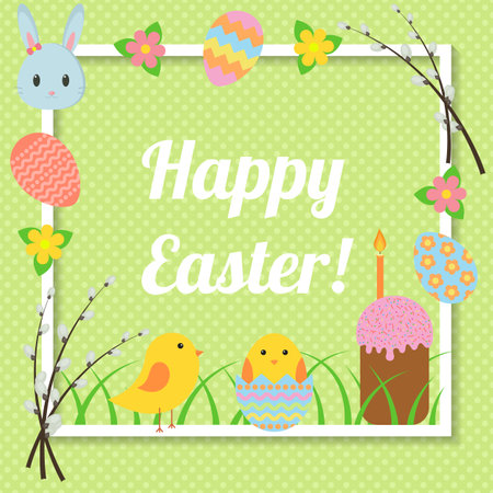 Happy Easter. Cute greeting card with traditional Easter symbolsのイラスト素材