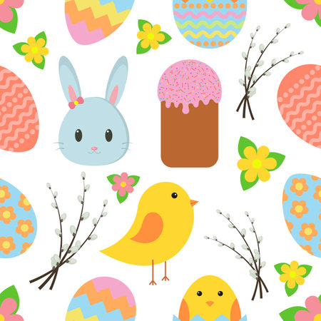 Easter. Seamless pattern with traditional Easter symbols for wrapping paper, wallpaper, web page backgrouns and moreのイラスト素材