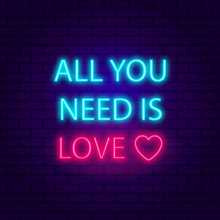 Al you need is love. Glowing pink neon incription on dark brick wall backgroundのイラスト素材
