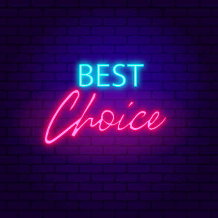 Best choice. Glowing pink neon incription on dark brick wall backgroundのイラスト素材