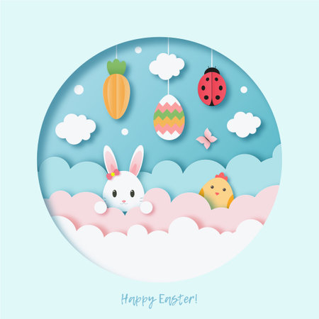 Happy Easter. Cute greeting card with traditional Easter symbols. Paper cur out styleの写真素材