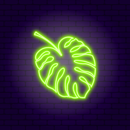 Neon tropical leaf on dark brick wall backgroundのイラスト素材