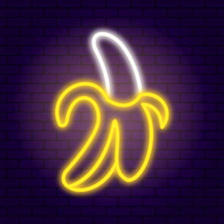 Neon banana on dark brick wall backgroundのイラスト素材