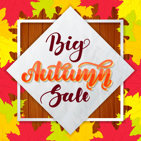 Big autumn sale. Lettering on wooden background with colorful maple leaves. Template for advertising banners, posters, flyers.のイラスト素材