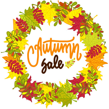 Round frame of colorful autumn leaves and hand written lettering Autumn sale . Autumn wreath. illustration isolated on white background for posters, cards, invitations and much moreの写真素材