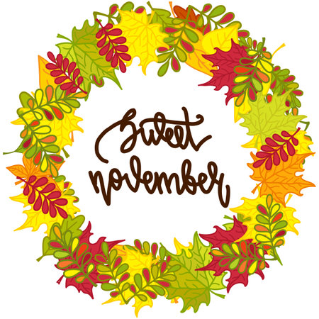 Round frame of colorful autumn leaves and hand written lettering Sweet november . Autumn wreath. Vector illustration isolated on white background for posters, cards, invitations and much moreのイラスト素材