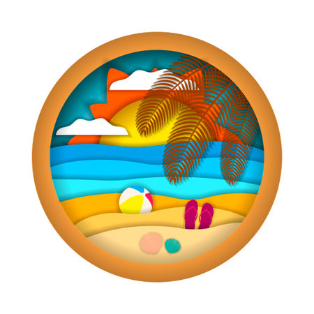 Multilayered summer landscape. Summer beach. Paper art, paper cut, 3d origami style. Vector illustration isolated on white background for advertising banners, flyers, posters, leaflets and more.のイラスト素材