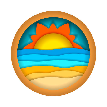 Multilayered summer landscape. Summer beach. Paper art, paper cut, 3d origami style. illustration isolated on white background for advertising banners, flyers, posters, leaflets and more.の写真素材