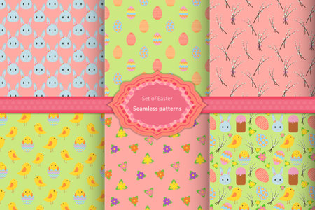 Set of Easter seamless patterns with traditional Easter symbols for wrapping paper, wallpaper, web page backgrouns and more.のイラスト素材