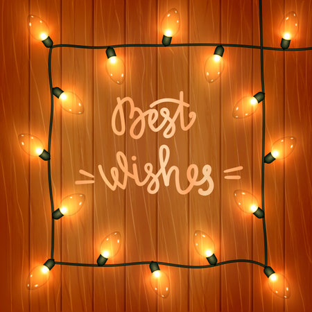 Beautiful Christmas greeting card with handwritten lettering in square frame of electric garland on wooden background. illustration. .の写真素材