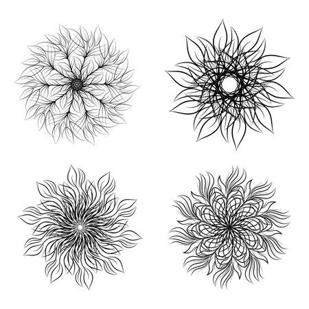 Set of round floral ornaments isolated on white background. Decorative design element. Outline vector illustration for invitation, greeting cards, print on T-shirt and other items.のイラスト素材