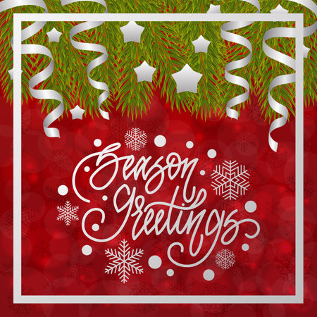Season greetings. Handwritten lettering on blurred bokeh background with fir branches. Vector illustrations for greeting cards, invitations, posters, web banners and much more.のイラスト素材