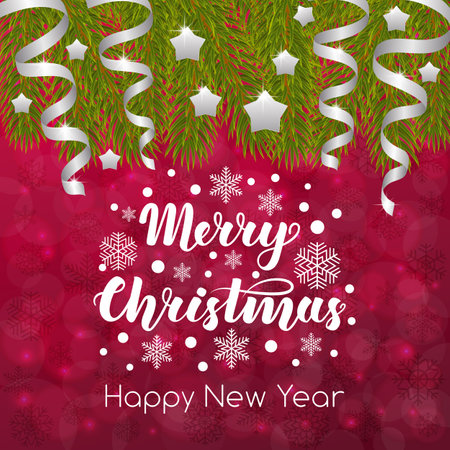 Merry Christmas. Handwritten lettering on blurred bokeh background with fir branches. Vector illustrations for greeting cards, invitations, posters, web banners and much more.のイラスト素材