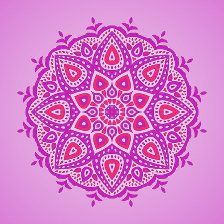 illustration of ornamental mandala on purple background.の写真素材