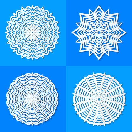 Set of white paper snowflakes on blue background. illustration.の写真素材