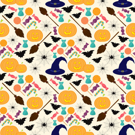 Halloween colorful seamless pattern in modern flat style for wrapping paper, wallpaper, pattern fills, web page background and more. illustration. . illustration. .の写真素材