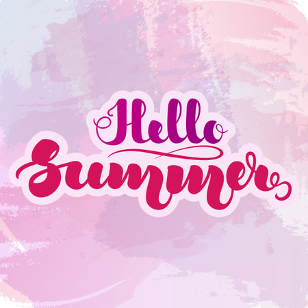 Hand lettering Hello Summer on purple watercolor background. Template for posters, cards and other printed products. illustration. .の写真素材