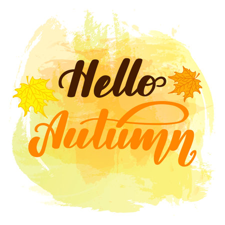 Hello autumn. Handwritten lettering on watercolor background. Vector illustration for posters, cards and much more.のイラスト素材