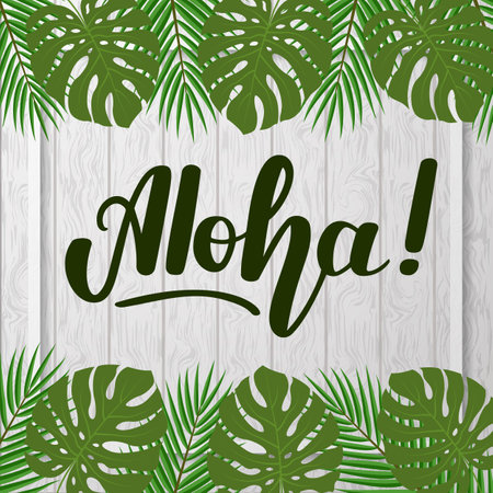 Lettering Aloha on gray wooden background with tropical leaves.のイラスト素材