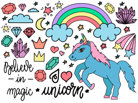 Hand drawn unicorn and other elements. Set of illustrations in doodle or cartoon style on white background.の写真素材