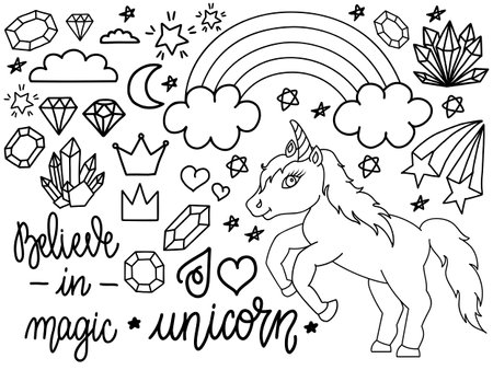 Hand drawn unicorn and other elements. Set of outline illustrations in doodle or cartoon style for coloring books and much more.の写真素材