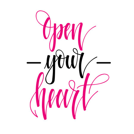 Open your heart. Inspirational romantic lettering isolated on white background. Vector illustration for Valentines day greeting cards, posters, print on T-shirts and much more.のイラスト素材