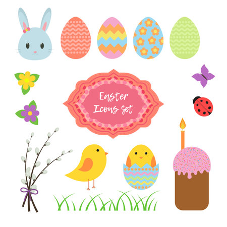 Set of easter icons in flat style isolated on white background.のイラスト素材