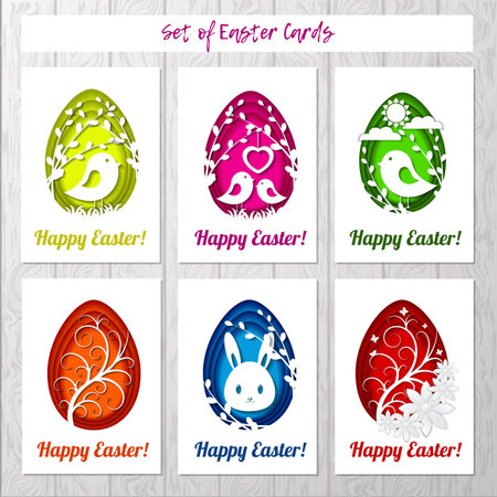 Set of Easter cards with colorful eggs in paper cutting style on gray background. Imitation paper art style. Template for greeting Easter cards.の写真素材