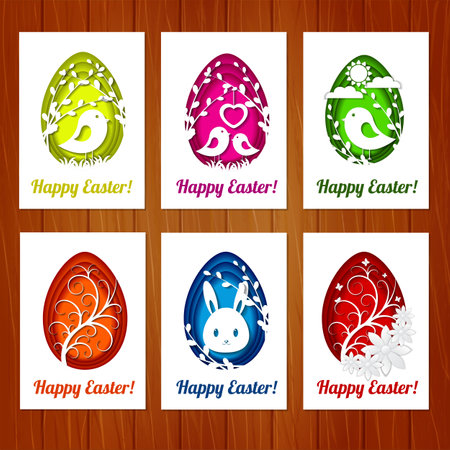 Set of Easter cards with colorful eggs in paper cutting style on wooden background. Imitation paper art style. Template for greeting Easter cards.の写真素材