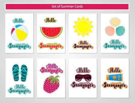 Set of summer cards with summer symbols and lettering. illustration for cards, banners, posters, flyers, stickers and much more.の写真素材