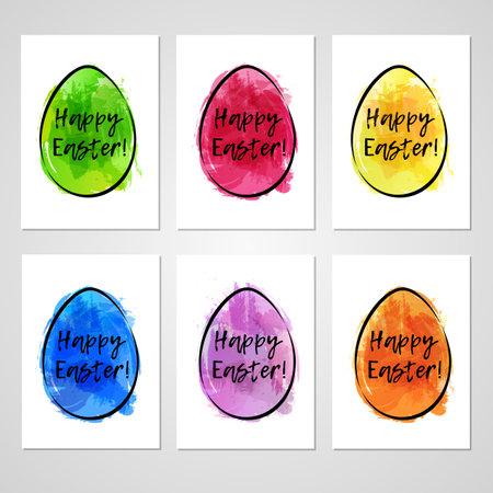 Set of Easter cards with colorful eggs on gray background. Imitation of watercolor. Template for greeting Easter cards.の写真素材