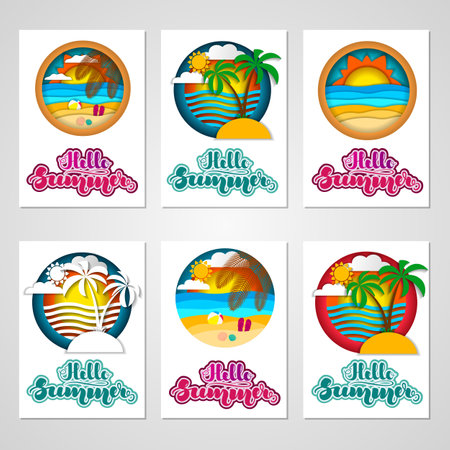 Set of summer cards with summer landscapes and lettering. Vector illustration for cards, banners, posters, flyers, stickers and much more.のイラスト素材