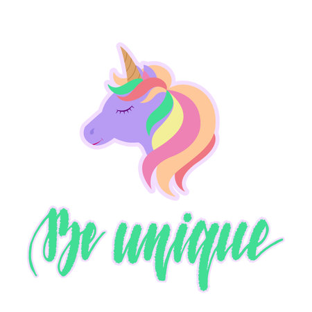 Cute unicorn with lettering Be unique . illustration isolated on white background for posters, cards and much more.の写真素材