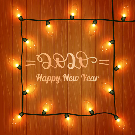 Beautiful New Year s greeting card with handwritten lettering 2020 in square frame of electric garland on wooden background. illustration. .の写真素材