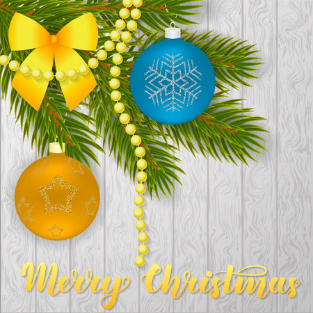 Merry Christmas. Beautiful greeting card with Christmas tree, Christmas balls, bow, beads and handwritten lettering on wooden background. illustration. .の写真素材