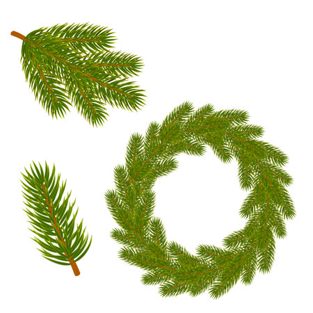 Set of Christmas tree branches. Branches and a wreath of spruce or pine. Christmas and New Year decorations. illustration isolated on white background.の写真素材