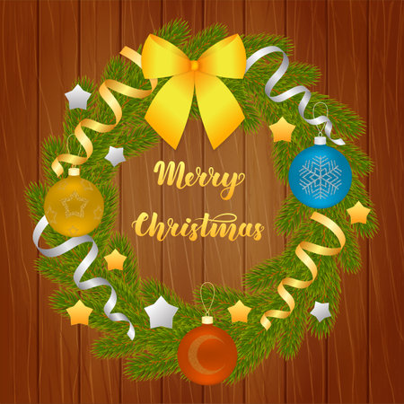 Christmas wreath of branches of spruce or pine on wooden background. Christmas decorations. Christmas tree. illustration isolated on white background.の写真素材