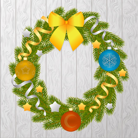 Christmas wreath of branches of spruce or pine on wooden background. Christmas decorations. Christmas tree. illustration isolated on white background.の写真素材