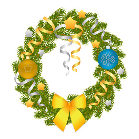 Christmas wreath of branches of spruce or pine. Christmas decorations. Christmas tree. illustration isolated on white background.の写真素材