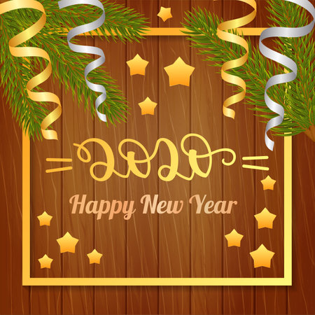 2020 Happy New Year. Lettering on wooden background with fir branches. Vector illustrations for greeting cards, invitations, posters and other items.のイラスト素材