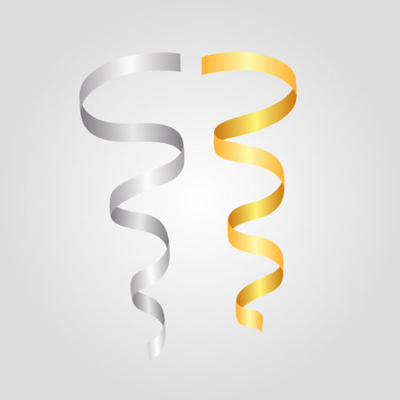 Gold and silver serpentine ribbons. Decorative design element for the design of holiday cards, banners, flyers and much more. Vector illustration.のイラスト素材