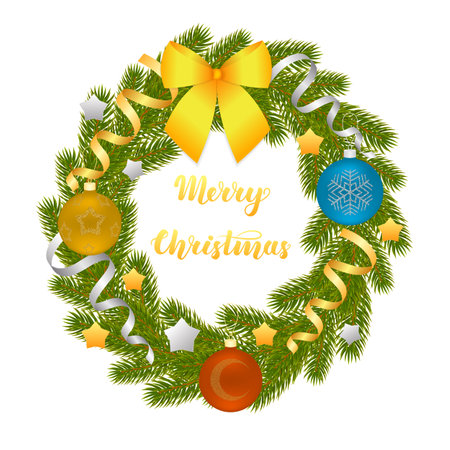 Christmas wreath of branches of spruce or pine. Christmas decorations. Christmas tree. Vector illustration isolated on white background.のイラスト素材