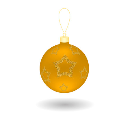 Yellow realistic christmas ball with glitter pattern. Vector illustration isolated on white background for design of greeting cards, banners, flyers and much more.のイラスト素材