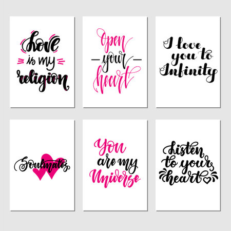 Set of inspirational romantic greeting card with hand lettering. Vector illustration for Valentines day greeting cards, posters, banners and much more.のイラスト素材