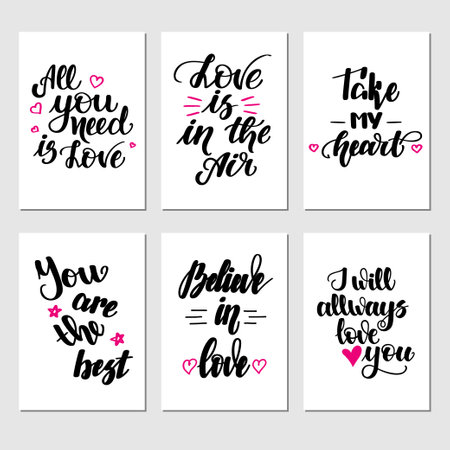 Set of inspirational romantic greeting card with hand lettering. Vector illustration for Valentines day greeting cards, posters, banners and much more.のイラスト素材